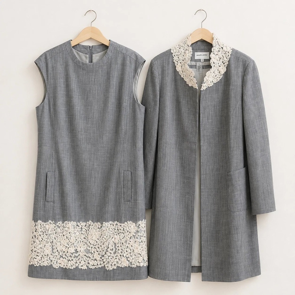 Pamella Roland 2 Pc Dress Coat Set Womens 18 Gray Luxe Floral Lace Trim Evening